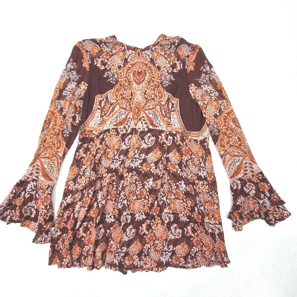 Free People Tunic Womens Small Brown Paisley Floral Bell Sleeve Boho Top